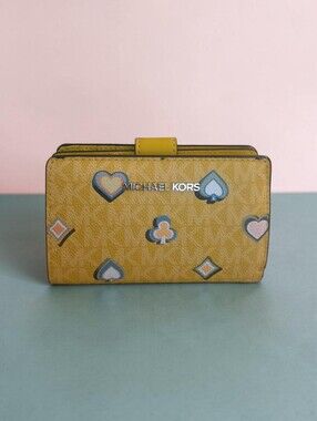 Nwt Michael Kors Yellow Patterned Card Wallet with Heart & Club Motifs